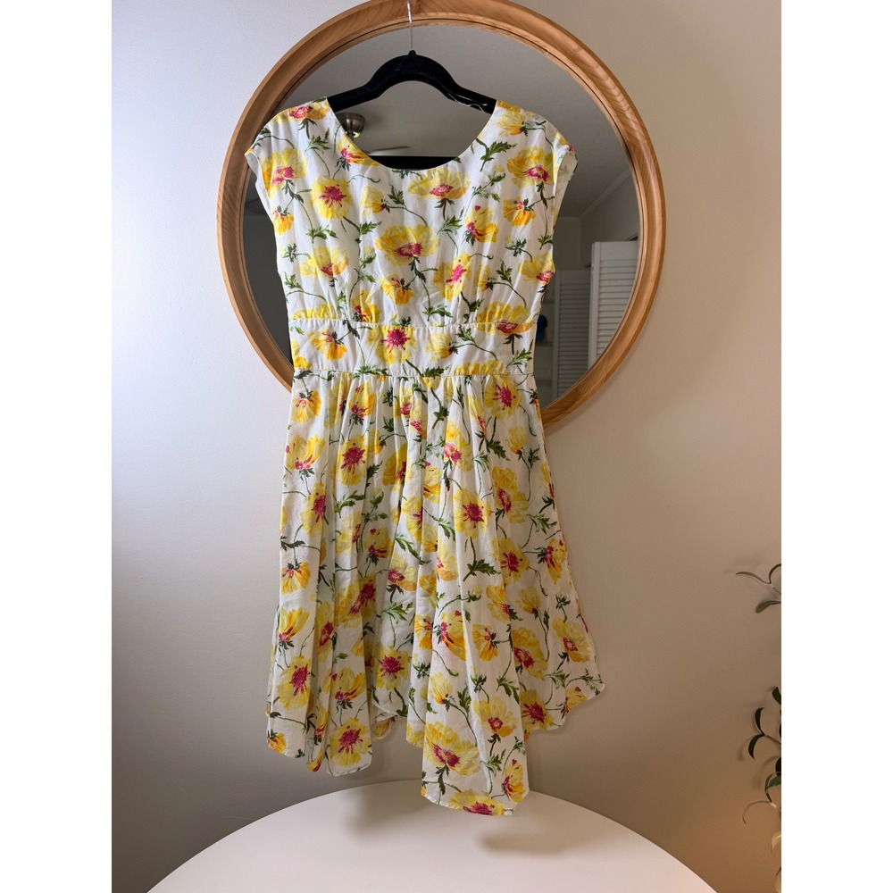 Y2K Joules Fit Flare Dress Size 4 White Yellow Floral Excellent Back Cutout